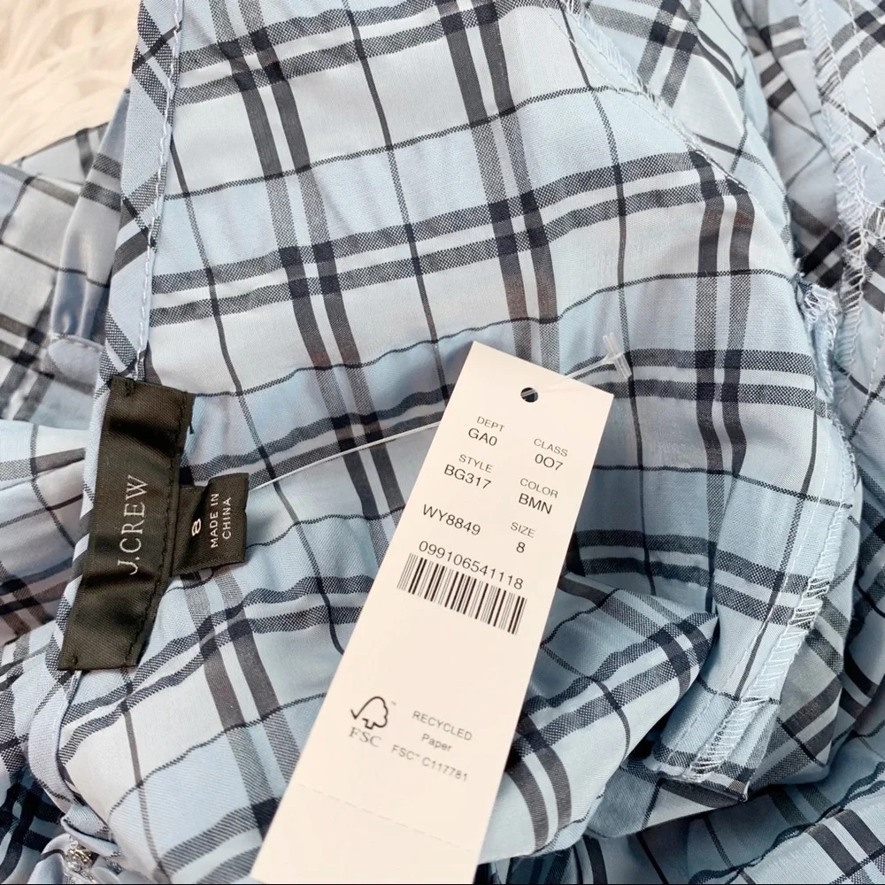 J Crew New V-back puff-sleeve top blouse in textured‎ plaid blue mist navy